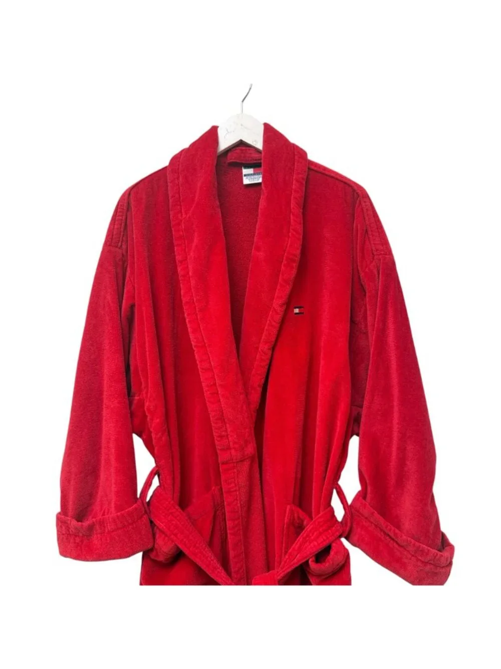 TOMMY HILFIGER Mens Bath Robe One Size Red Terry Cloth Shawl Collar Cotton